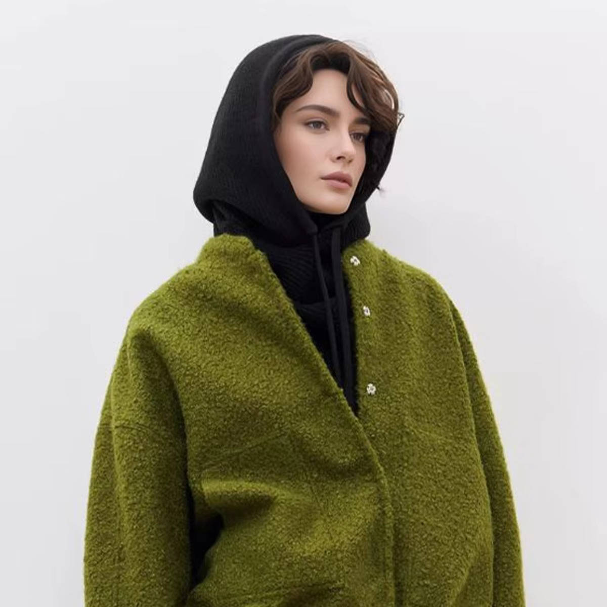 Beige knit hooded scarf hat with drawstring tie, 2-in-1 cozy winter neck coverage design