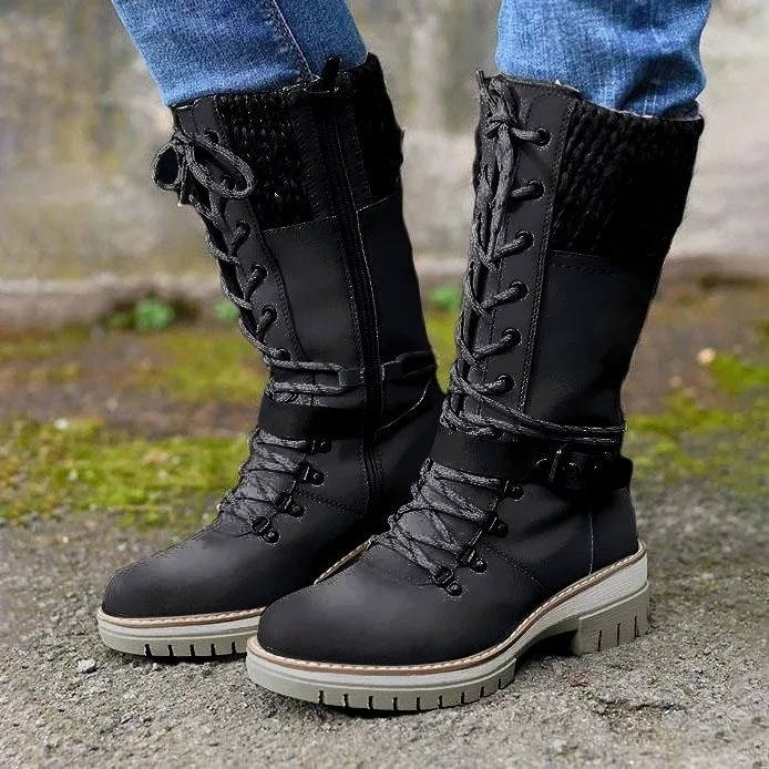 Women's waterproof snow boots in classic brown PU leather with vintage-inspired ankle silhouette