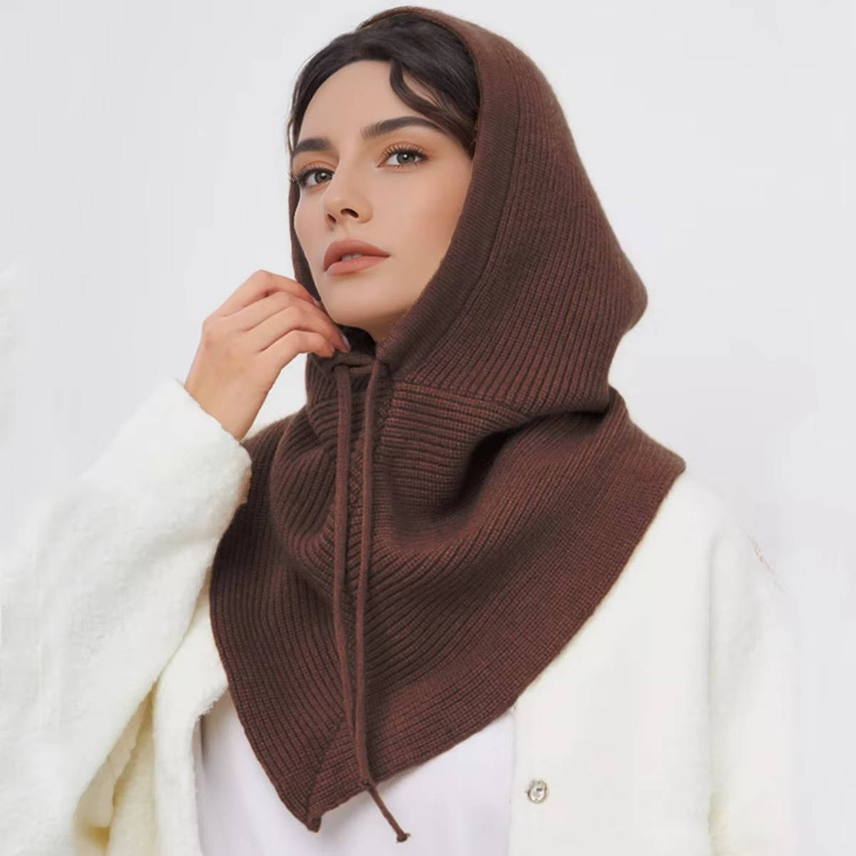 Beige knit 2-in-1 hooded scarf with drawstring tie for cozy winter neck coverage