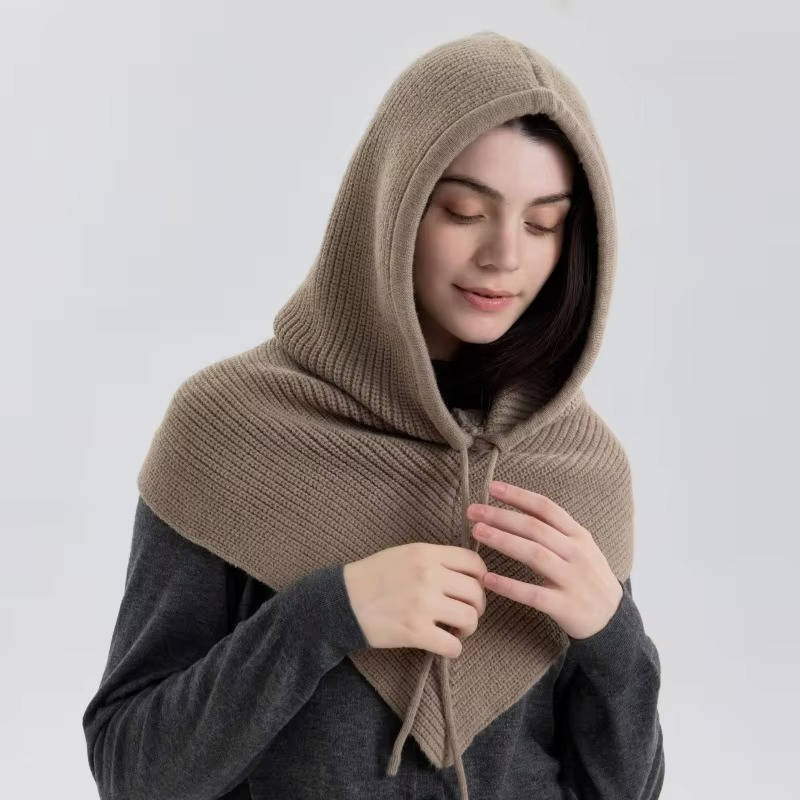 Beige knit 2-in-1 hooded scarf with drawstring tie for cozy winter neck and head coverage