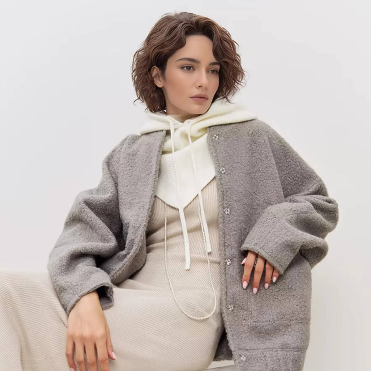 Beige knit hooded scarf with drawstring tie, 2-in-1 winter hood design for neck and head coverage