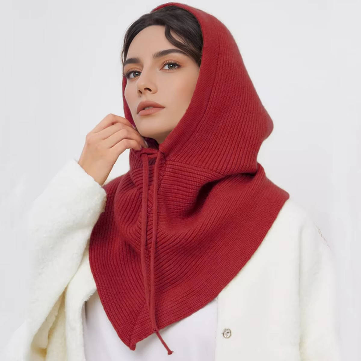 Beige knit hooded hat scarf with drawstring tie, 2-in-1 cozy neck coverage for winter warmth