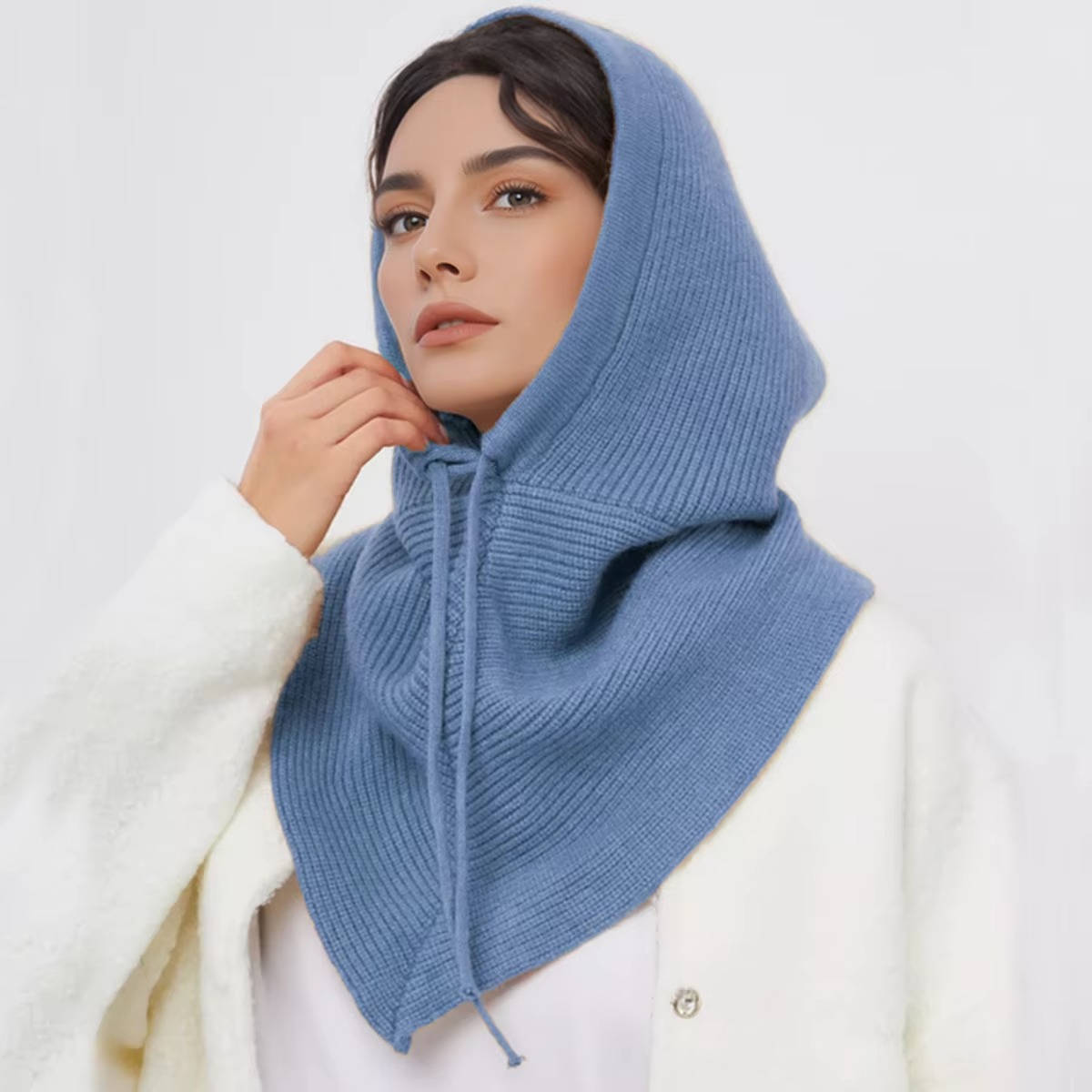 Beige knit hooded scarf hat with drawstring tie, 2-in-1 winter neck coverage design