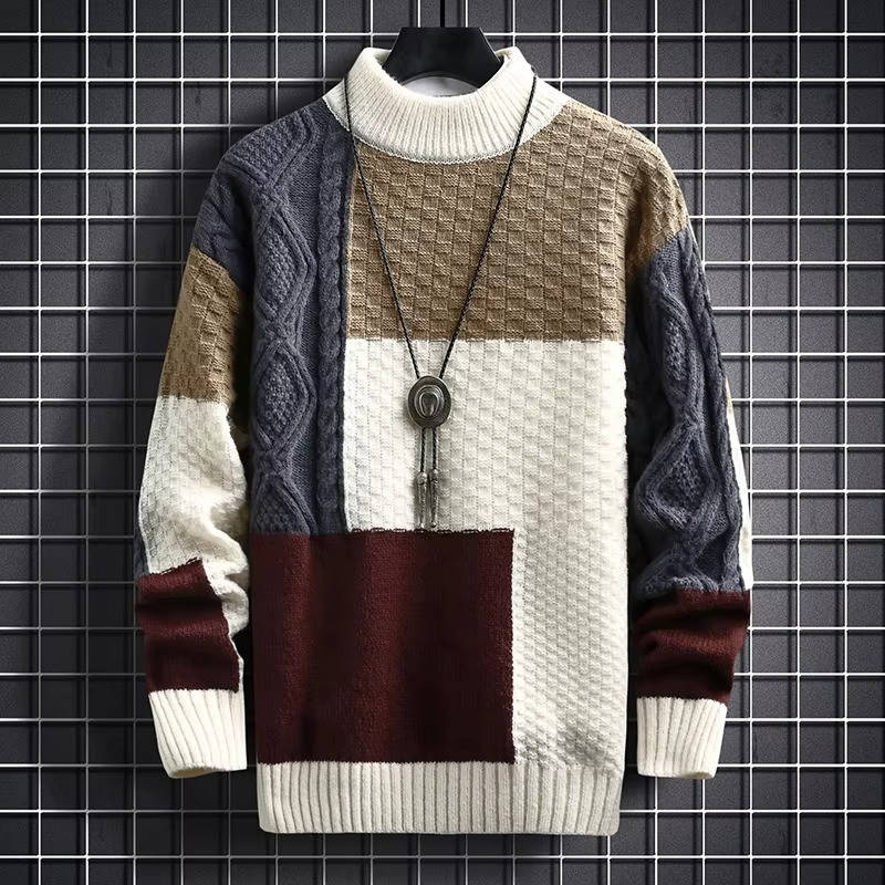 Orsenvi Men's Patchwork Knit Sweater With Colorblock Panels For Casual