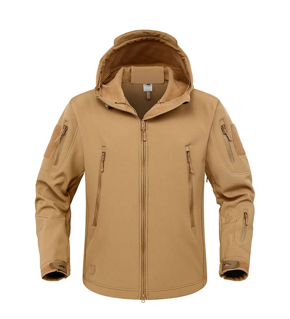Men's dark tactical softshell hooded jacket windproof water-resistant with multi zip pockets