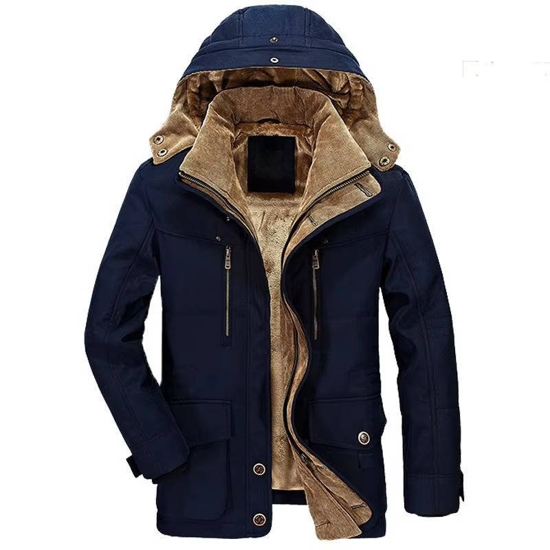 Men's hooded winter parka with fleece lining, insulated water-resistant coat for cold weather