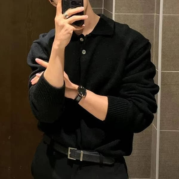 Orsenvi Korean Style Long Sleeve Knit Polo Collar Sweater
