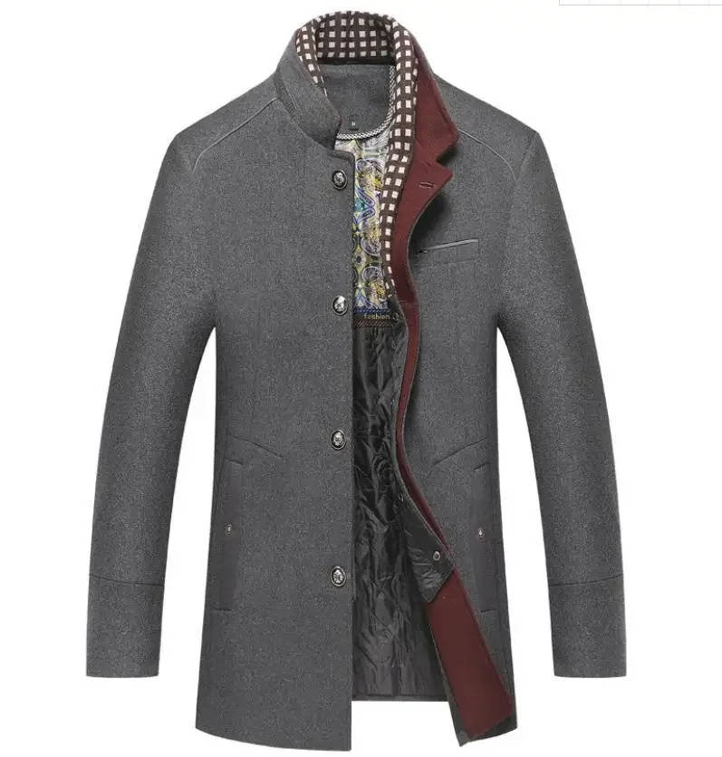 Men navy blue wool coat stand-up collar with zip pockets slim winter outerwear