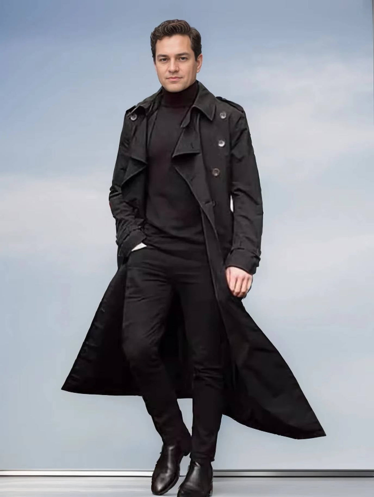 Men's double-breasted belted long trench coat solid color slim-fit overcoat for modern style