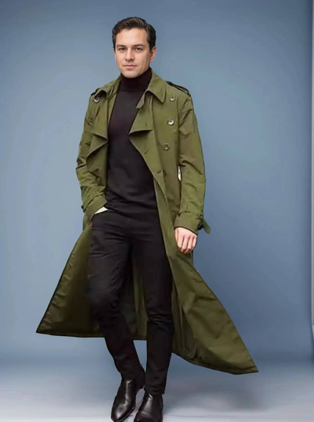 Men's double-breasted belted long trench coat solid color slim overcoat for modern style