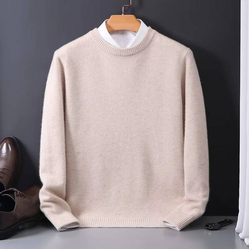 Men's light blue crew neck knit pullover sweater with mock collar detail, cozy wool blend