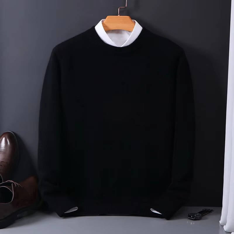 Men's light blue crew neck knit pullover sweater with mock collar detail, cozy wool blend