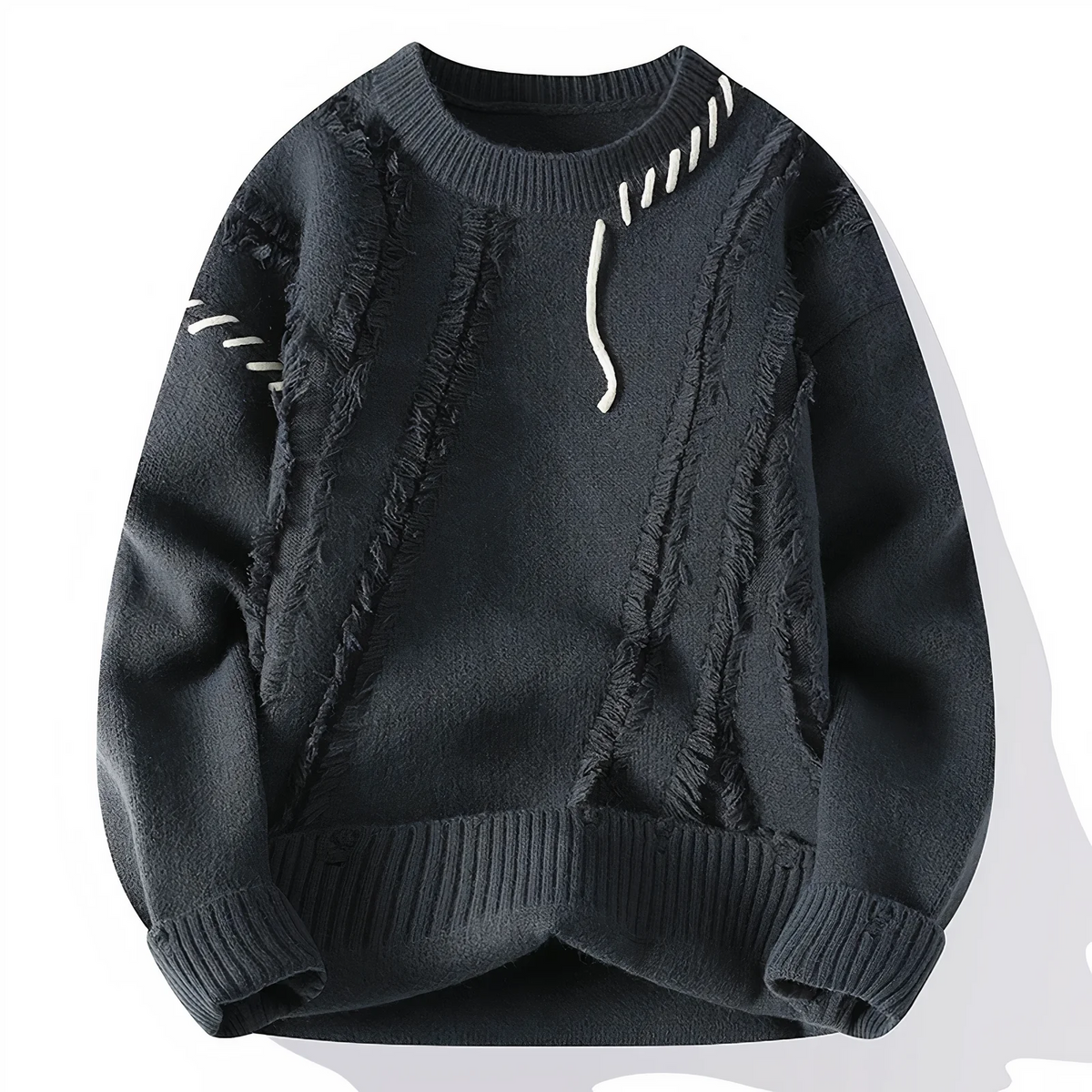 Men's patchwork fringe wool blend crew neck sweater relaxed fit artisanal knit fall style