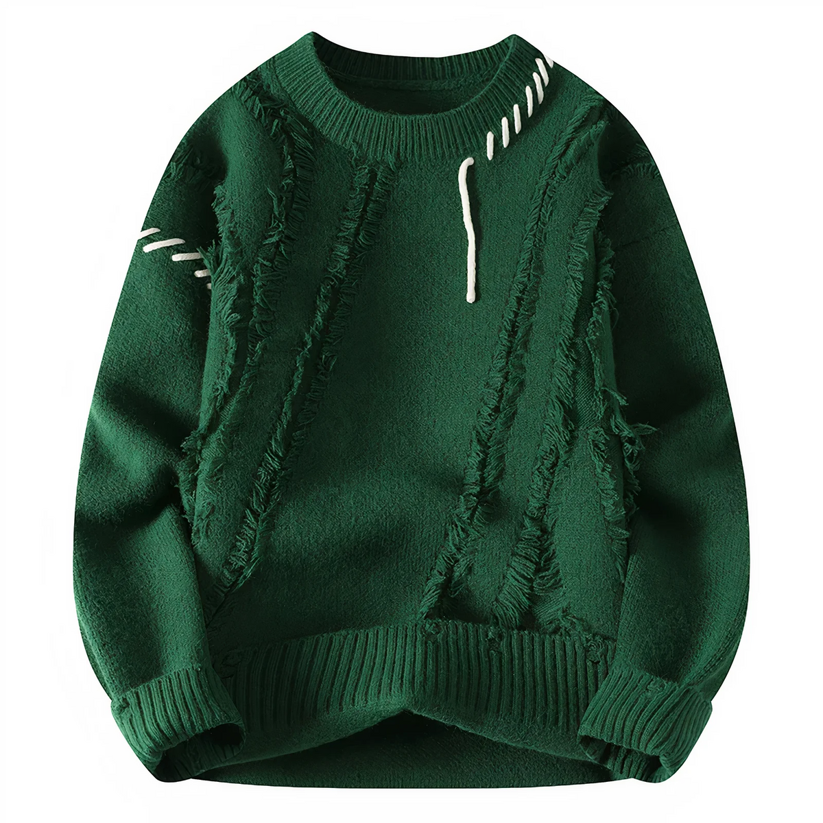 Men's patchwork fringe wool blend crew neck sweater relaxed fit artisanal knit neutral tones