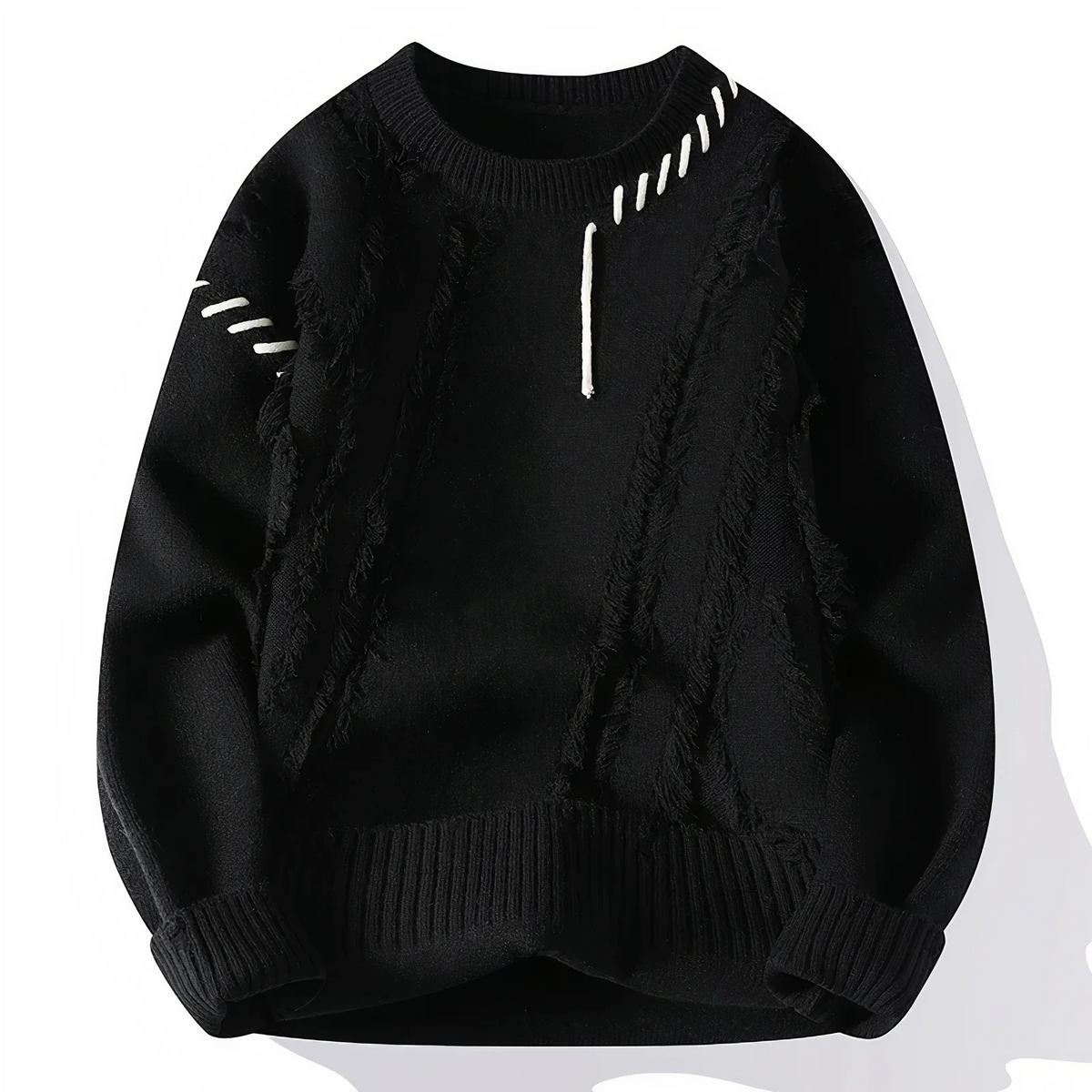Men's patchwork fringe wool blend crew neck sweater relaxed fit artisanal knit fall style