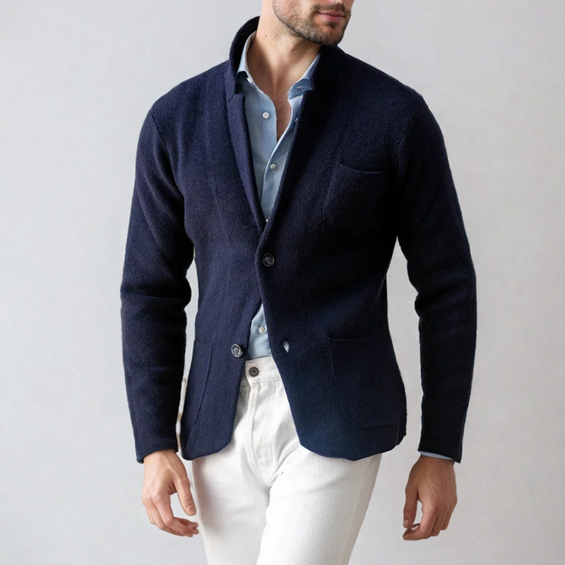 Men's gray knit cardigan blazer-inspired silhouette with tailored cut for office and weekend wear