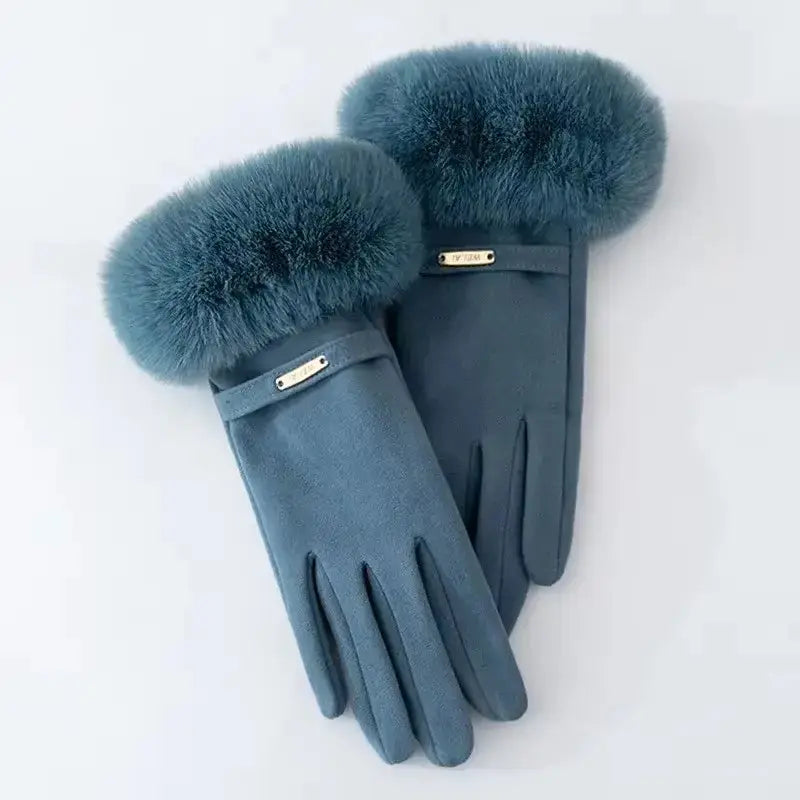 Black faux mink fur full-finger gloves with snug elastic fit and touchscreen-compatible design