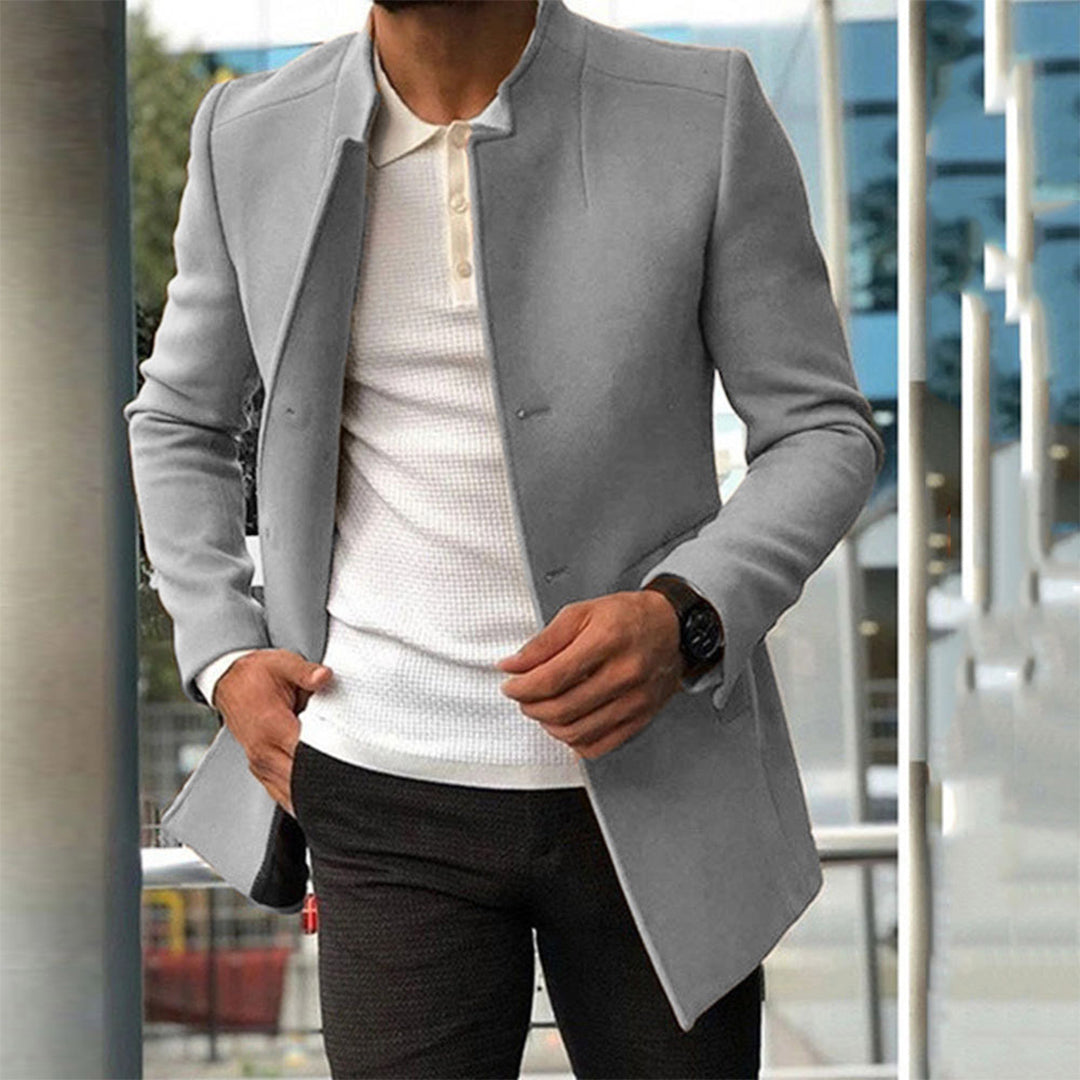 Men's slim fit camel winter coat with sharp tailored cut for office-to-evening professional wear