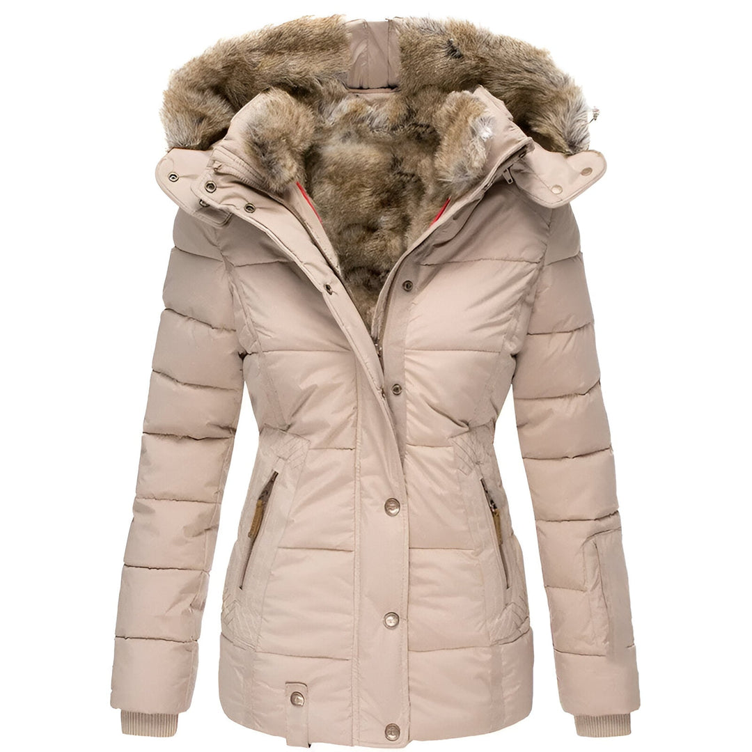 Women's quilted puffer jacket with luxurious fur trim hood, cozy insulation, stylish winter silhouette