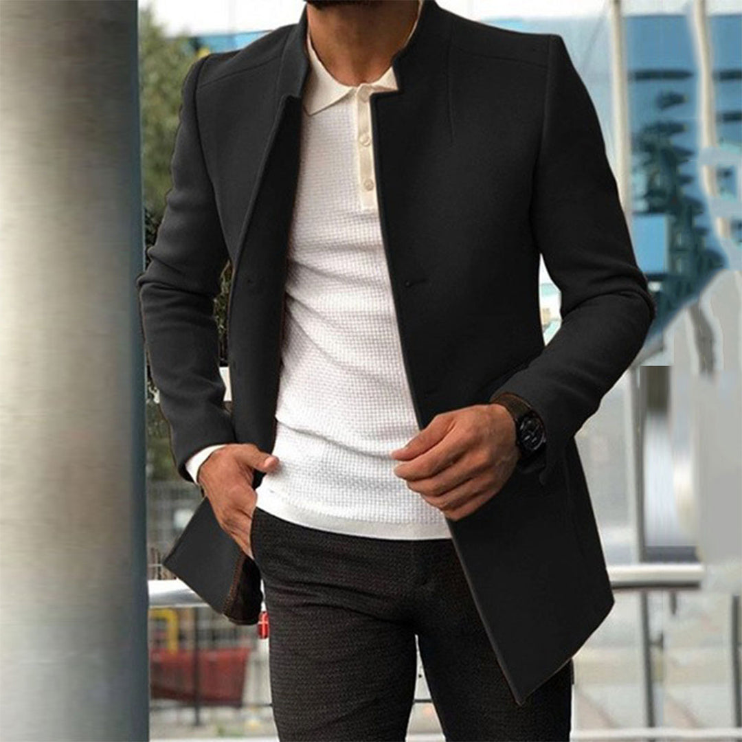 Men's slim fit camel winter coat with sharp tailored cut for office-to-evening professional wear