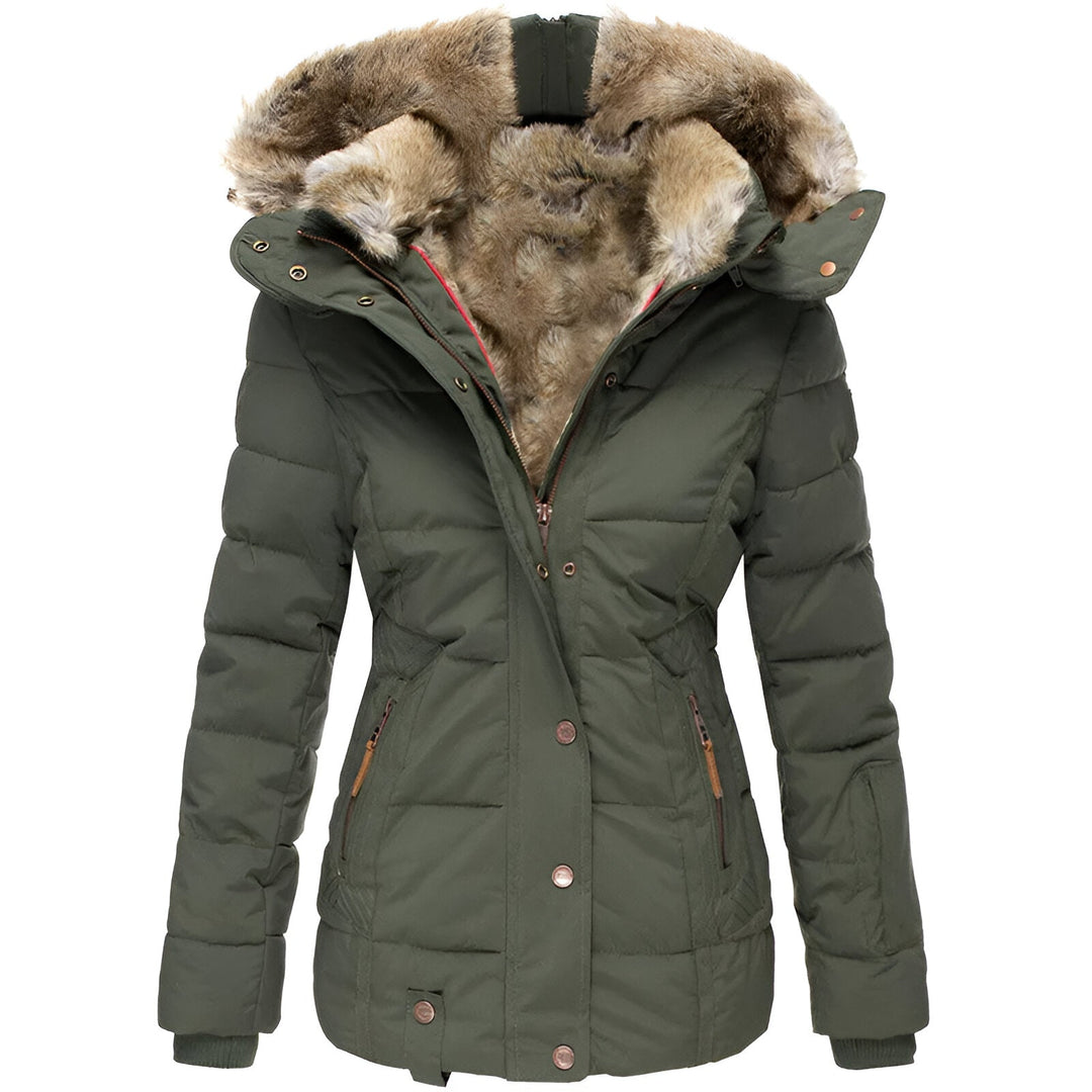 Women's black quilted puffer jacket with fur trim hood, cozy insulated winter coat by Orsenvi