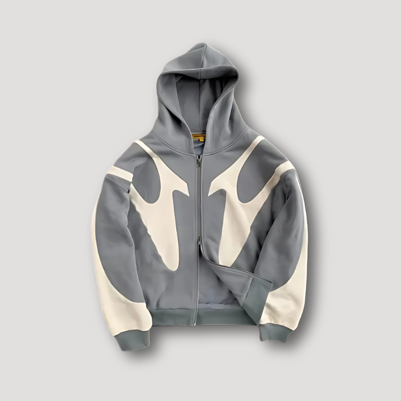 Men's relaxed fit zip hoodie with curved panel design in urban streetwear style