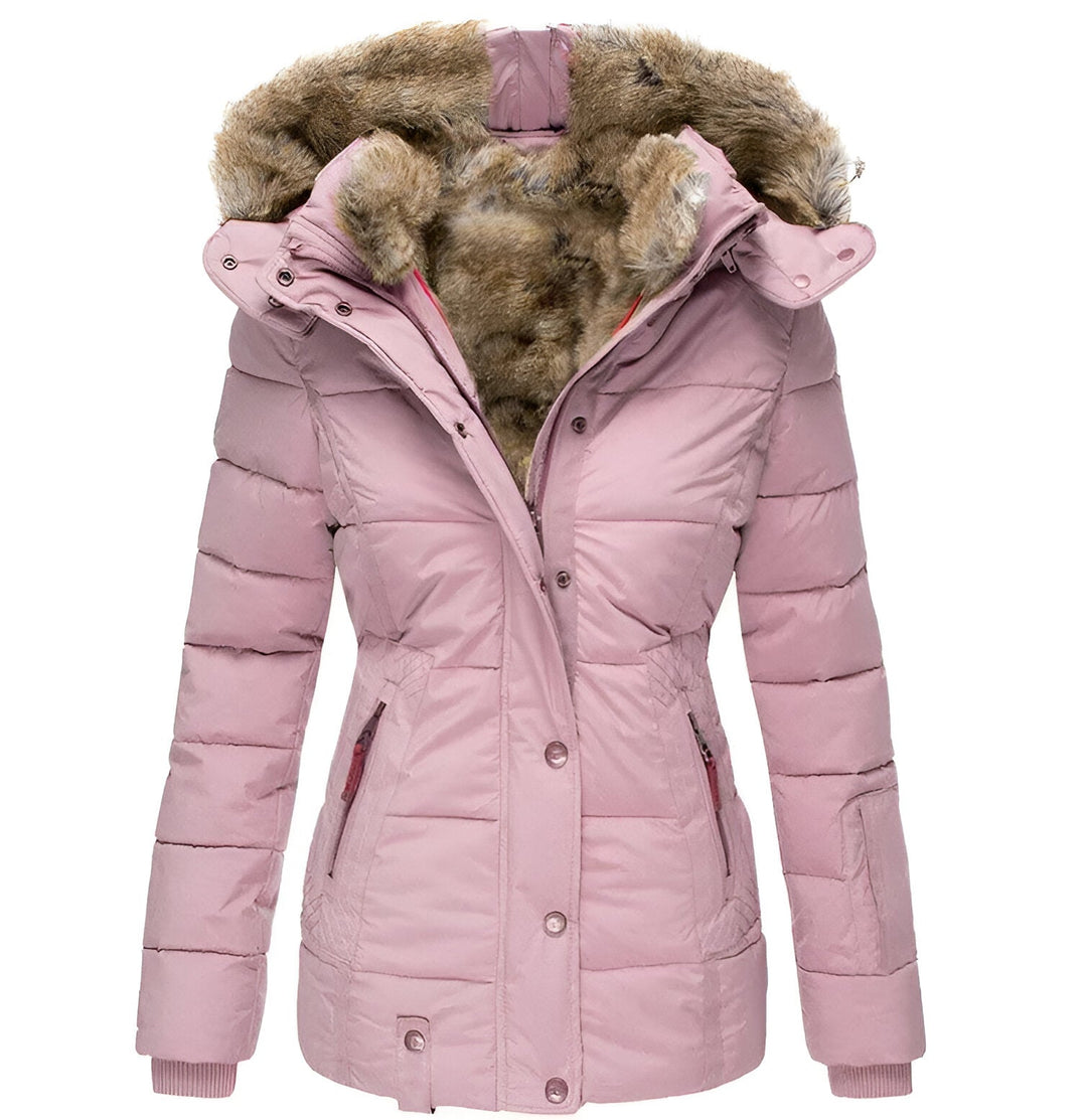 Women's black quilted puffer jacket with luxurious fur trim hood, cozy insulated winter coat by Orsenvi