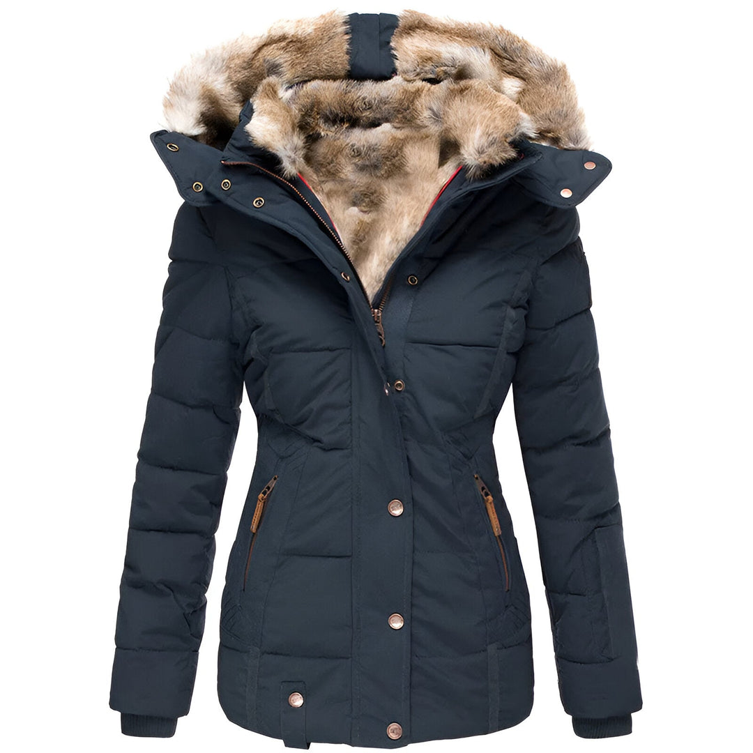 Women's black quilted puffer jacket with luxurious fur trim hood, stylish winter insulation