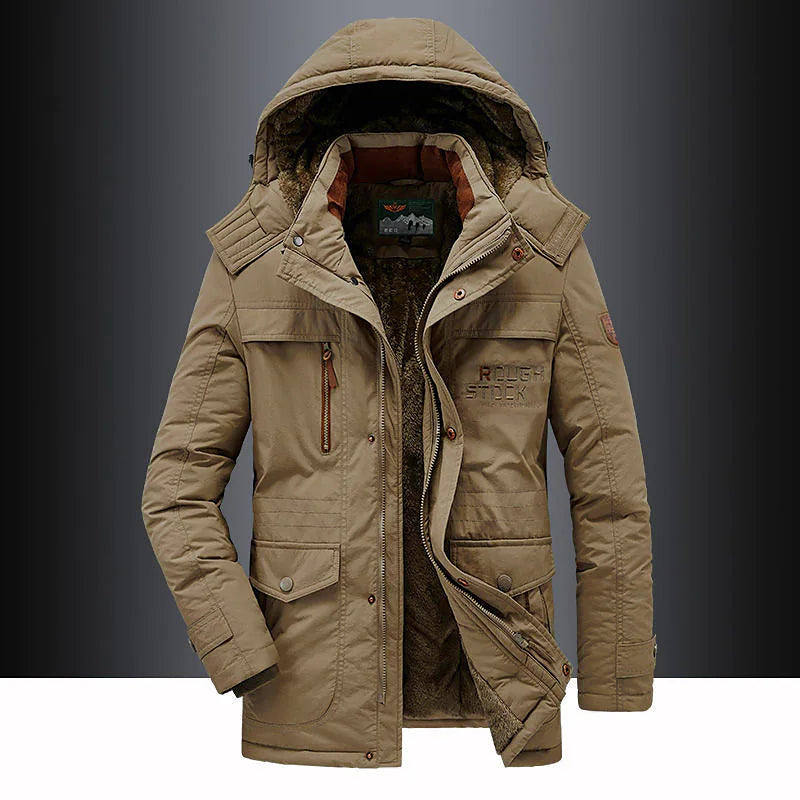 Men's fleece-lined hooded thigh-length parka winter coat with rugged outdoor insulated design
