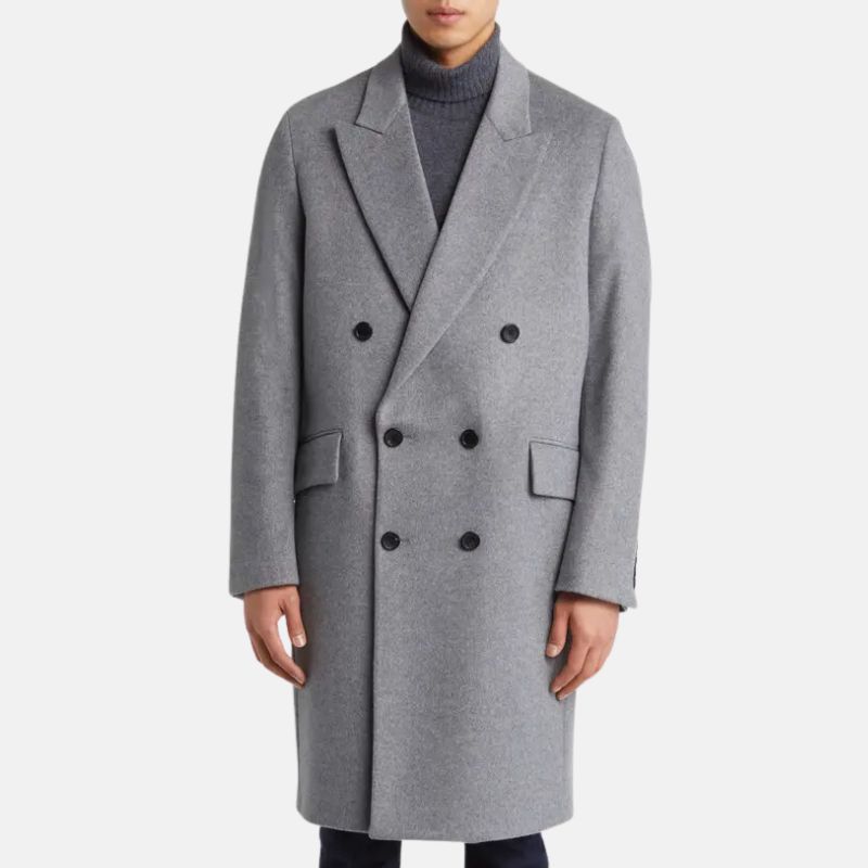 Orsenvi Men's Grey Double Breasted Wool Trench Coat