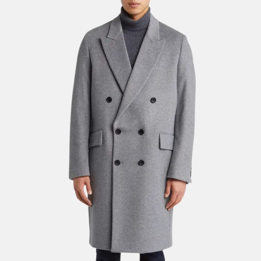 Orsenvi Men's Grey Double Breasted Wool Trench Coat