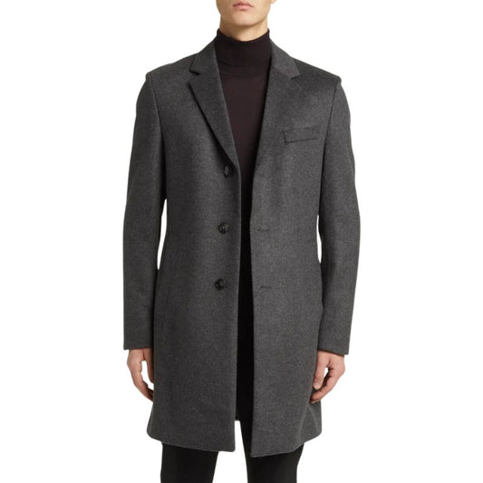 Orsenvi Men's Grey Wool Overcoat Single Breasted Long Coat