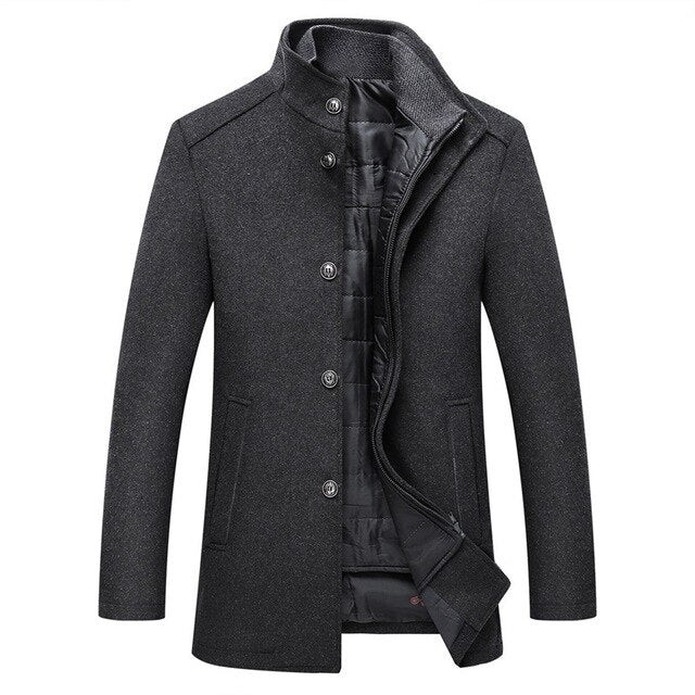 Orsenvi men's wool coat stand collar button-front versatile smart-casual winter outerwear