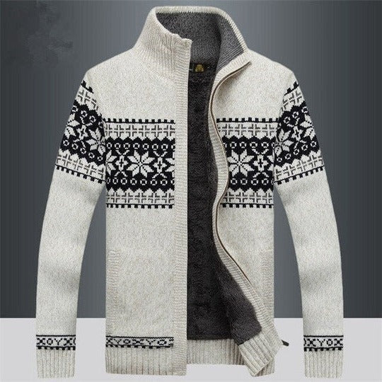 Men's black insulated full-length winter coat with snowflake pattern and adjustable hood