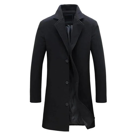 Men's long wool-blend insulated overcoat in classic cut with full-coverage city-ready silhouette