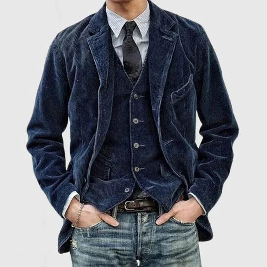 Men's brown corduroy jacket structured fit diagonal wale texture casual dressy versatile style