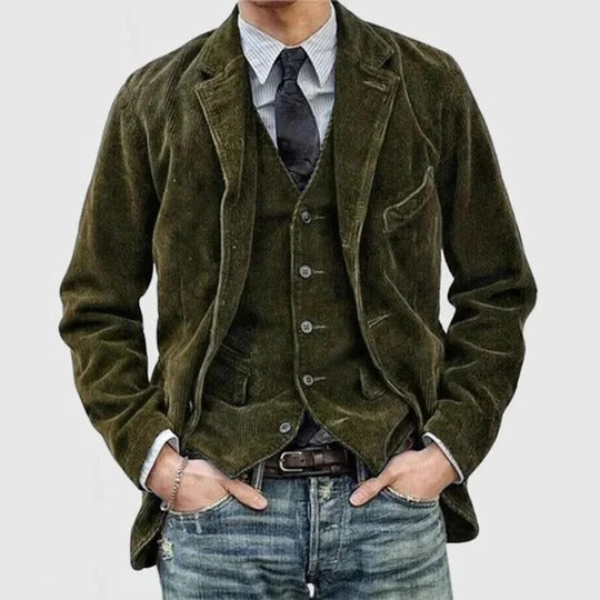 Men's brown corduroy jacket structured fit diagonal wale texture casual dressy versatile style