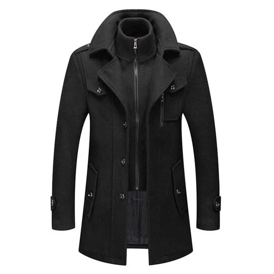 Men's two-piece winter coat with thermal lining, wind-blocking collar, rugged yet refined cold-weather silhouette
