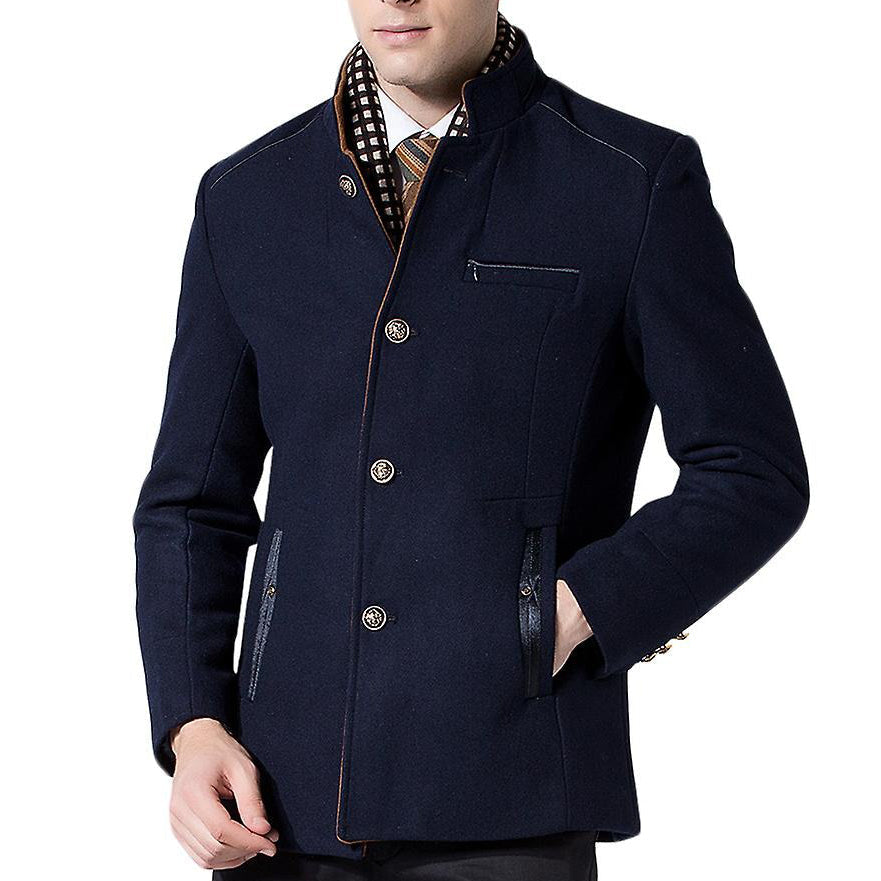 Orsenvi Men's Wool Coat Stand Up Collar Navy Blue Zip Pockets