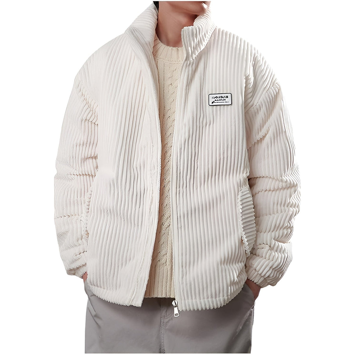 Men's corduroy puffer jacket warm insulated coat with classic ribbed texture for everyday wear