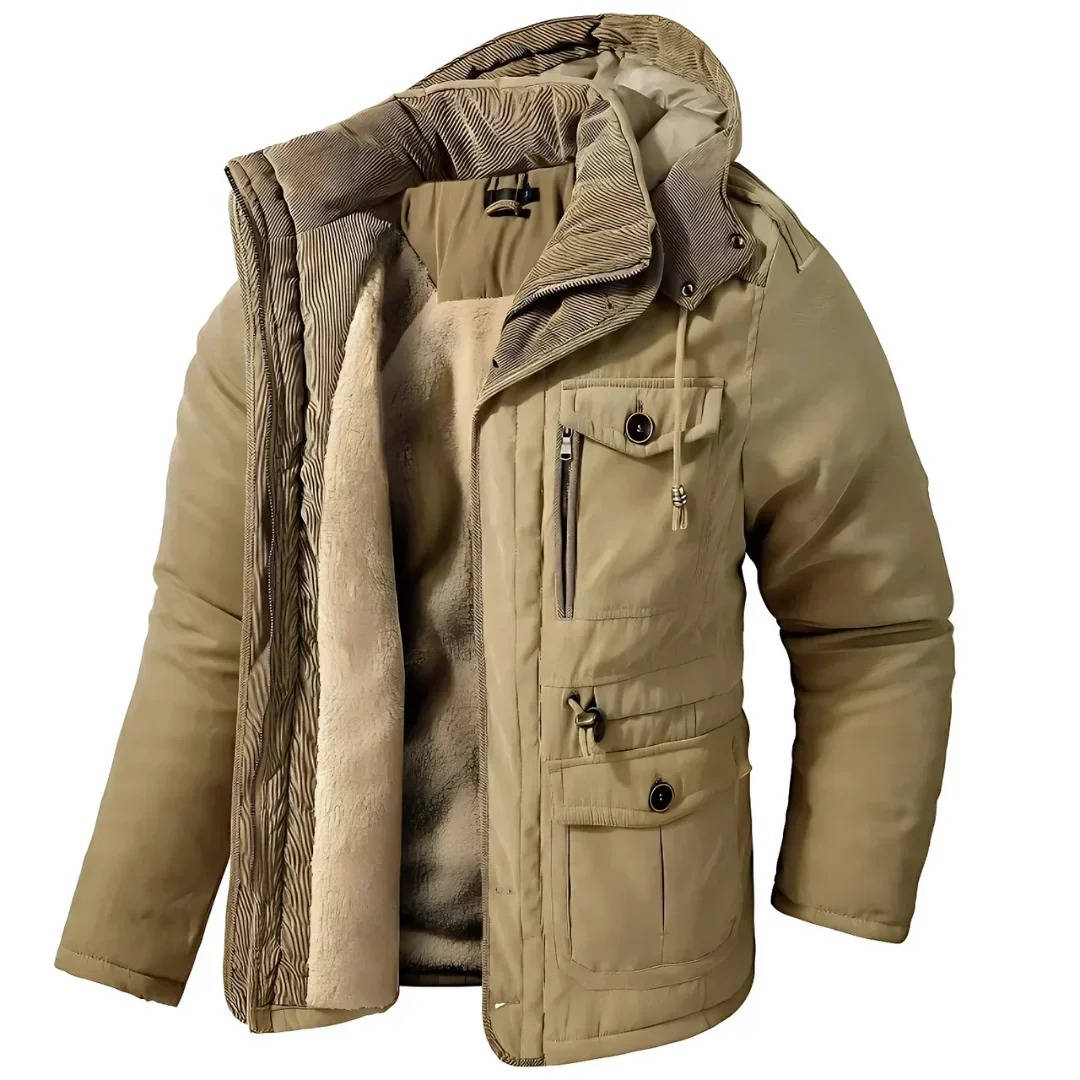Men's insulated winter parka jacket with hood, windproof polyester-cotton blend for cold weather