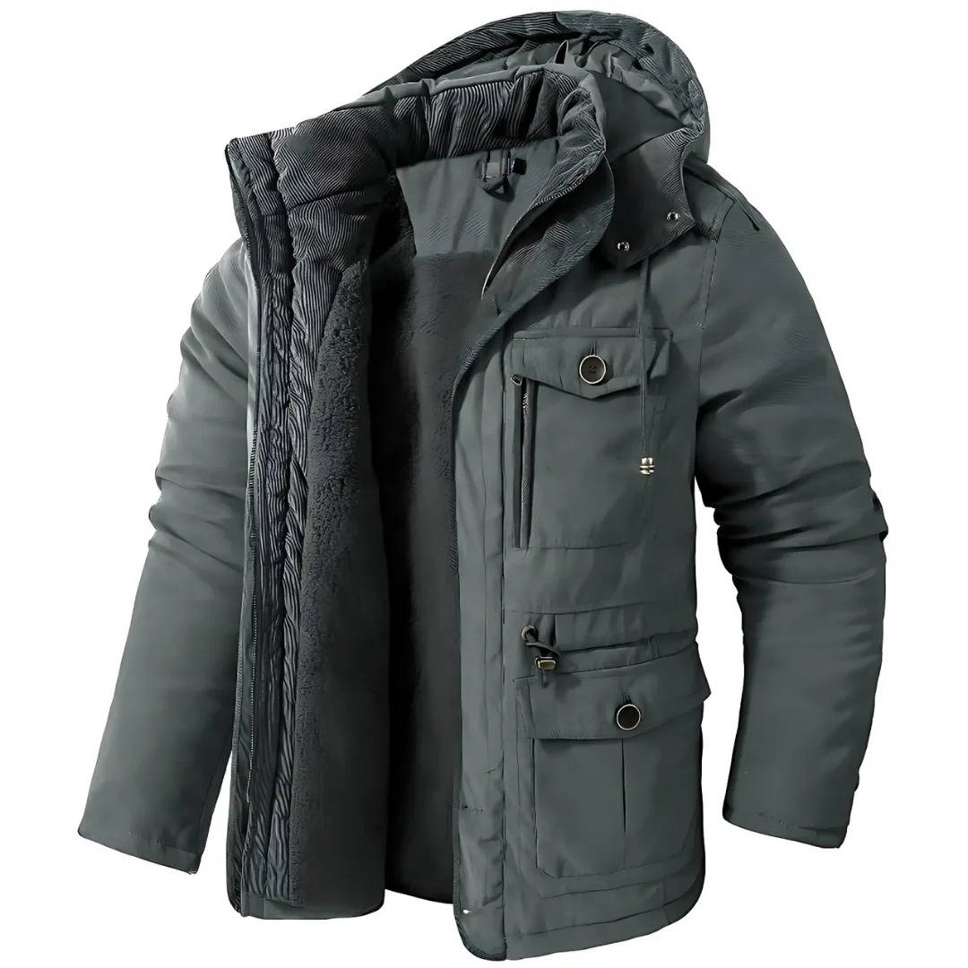 Men's insulated winter parka jacket with hood, windproof polyester-cotton blend coat for cold weather