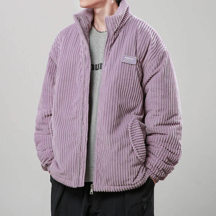 Men's corduroy puffer jacket warm insulated coat with ribbed texture and plush polyester fill