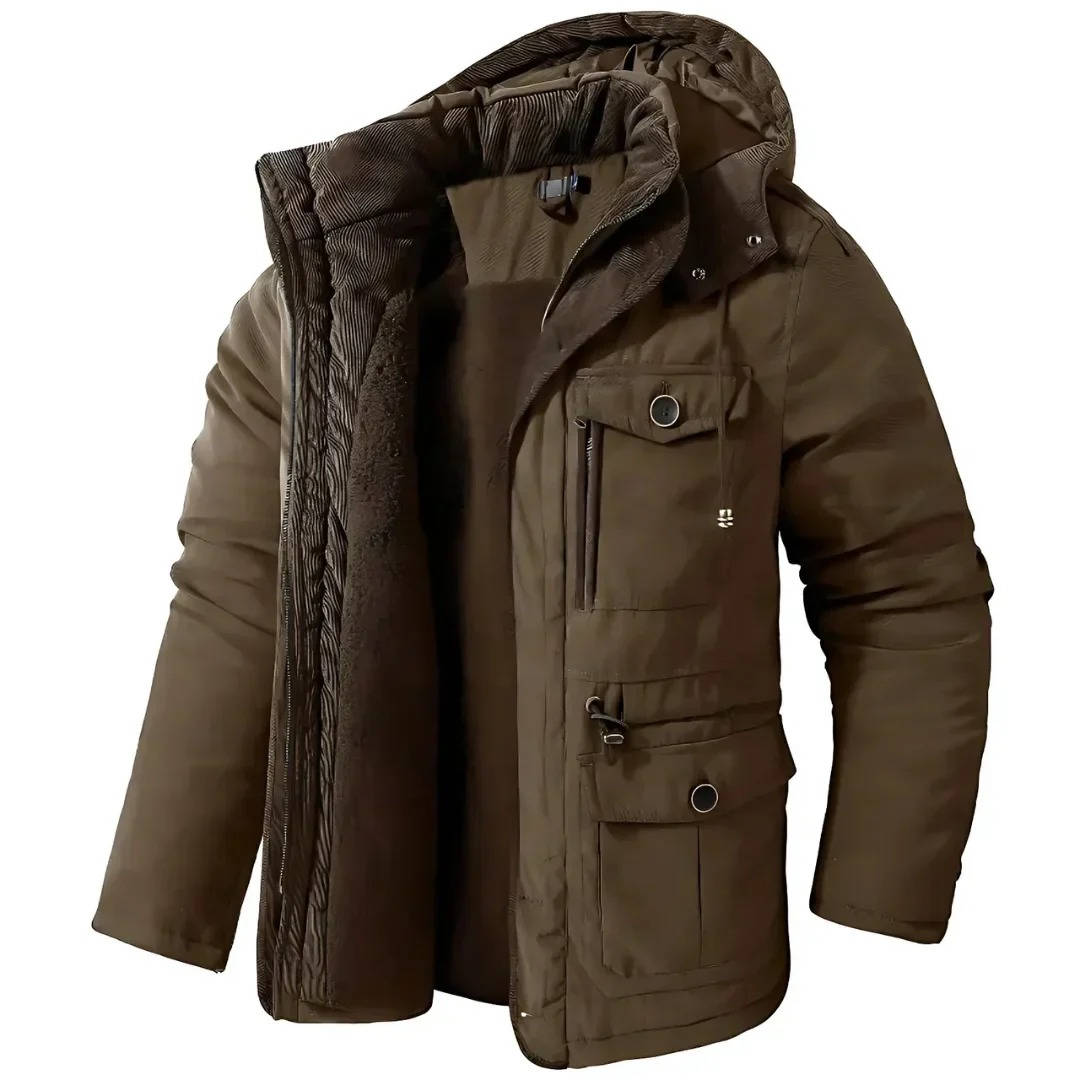 Men's insulated hooded parka jacket windproof cold weather coat with storm flap system