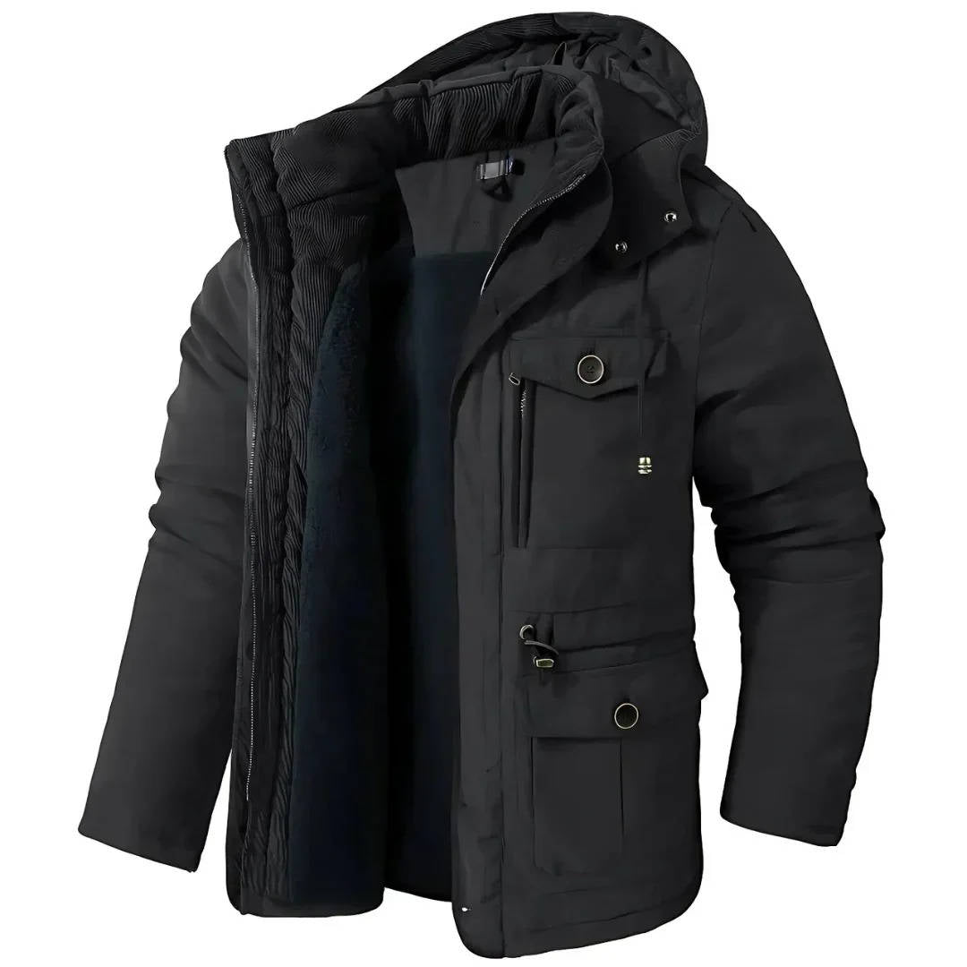 Men's insulated winter parka jacket with hood, windproof polyester-cotton blend for cold weather