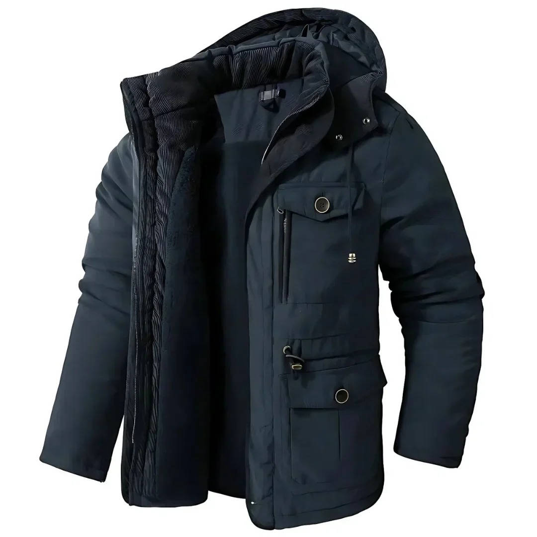 Men's insulated hooded winter parka windproof polyester-cotton shell storm flap cold weather coat