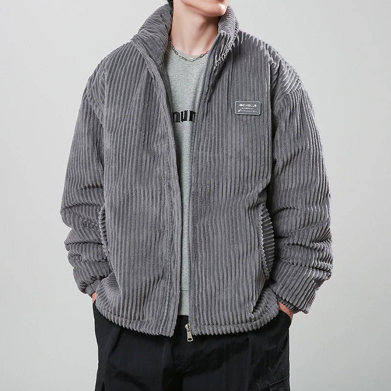 Men's corduroy puffer jacket warm insulated coat with ribbed texture plush polyester fill