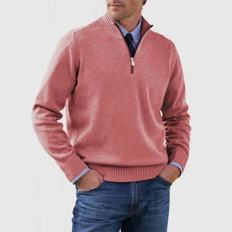 Men's navy quarter zip knit sweater business casual slim fit adjustable neckline pullover by Orsenvi