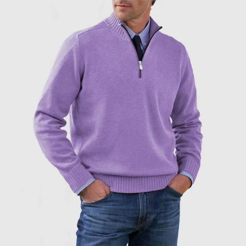 Men's navy quarter zip knit sweater business casual pullover with adjustable zip neckline by Orsenvi