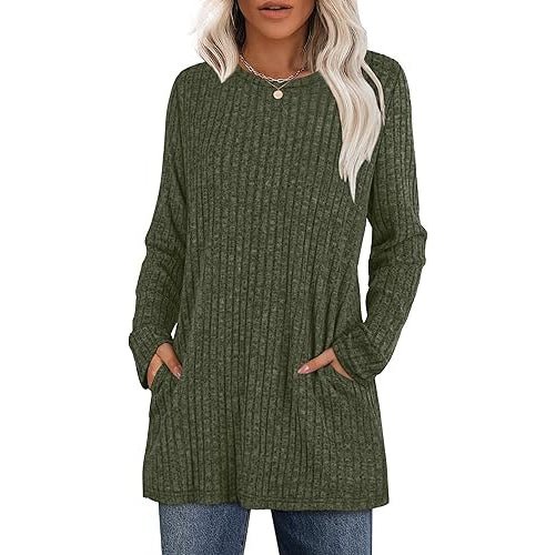 Orsenvi women's hip-length tunic sweater with side pockets, casual stretch knit, relaxed everyday fit